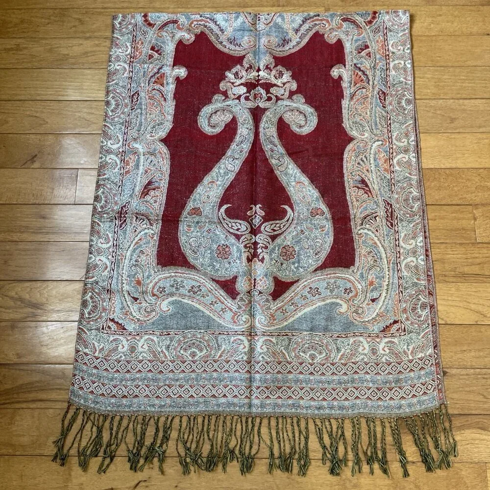 Women's Metallic Scarf Wrap Shawl 78x27 Red Paisley Fringe Boho Luxury NWOT